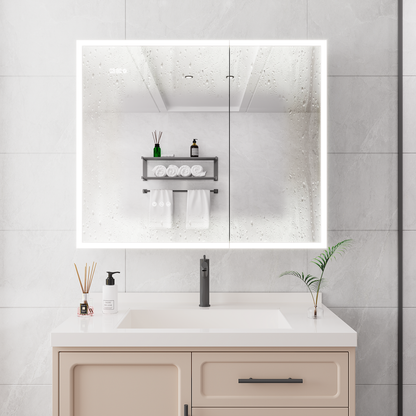 Bathroom Medicine Cabinet with Lights, 36卢脜30 Inch LED Medicine Cabinet with Mirror, Double Door Lighted Medicine Cabinet with Defogger, Dimmer, Clock & Temp Display, 2 Outlets & USB Ports