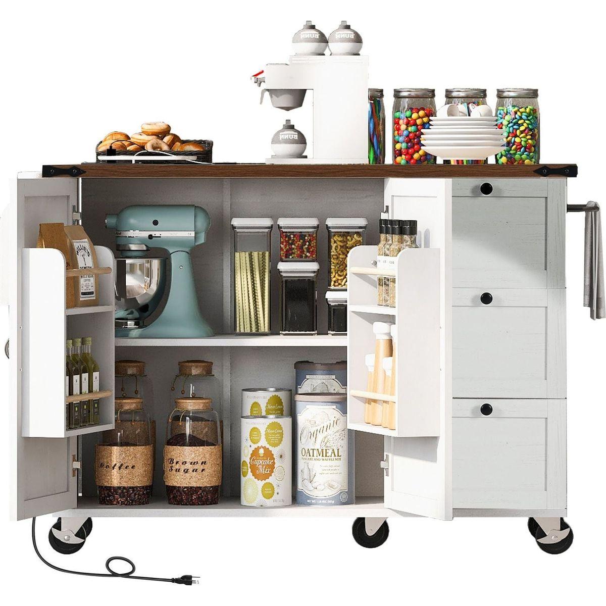 54.5" Farmhouse Kitchen Island with Power Outlet, Kitchen Storage Island with Internal Storage Rack, Drop Leaf, Spice Rack, Rolling Kitchen Cart on Wheels, for Home, Kitchen and Dining Room,White