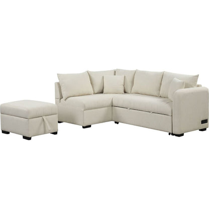82.6" L-shaped Sectional Pull Out Sofa Bed Sleeper Sofa with Two USB Ports, Two Power Sockets and a Movable Storage Ottoman, Beige