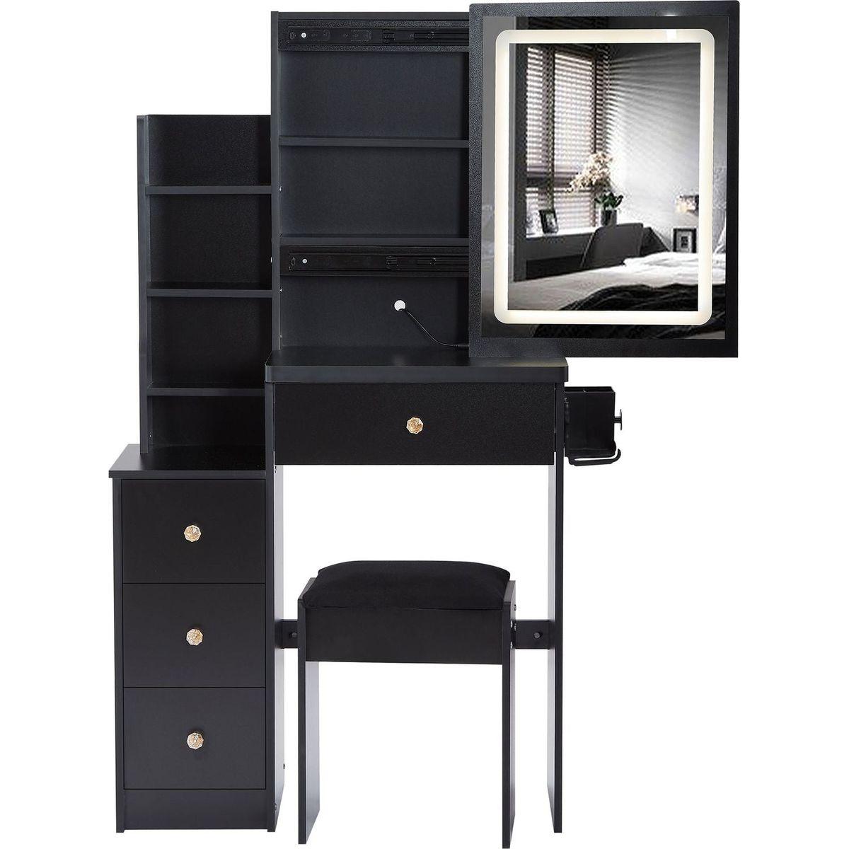 Small Size Left Bedside Cabinet Vanity Table + Cushioned Stool, 2 AC+2 USB Power Station, Hair dryer bracket, Extra Large Touch Control Sliding LED Mirror, Tri-color Switching, EPA,GCC,UL Certificate