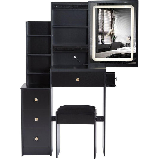 Small Size Left Bedside Cabinet Vanity Table + Cushioned Stool, 2 AC+2 USB Power Station, Hair dryer bracket, Extra Large Touch Control Sliding LED Mirror, Tri-color Switching, EPA,GCC,UL Certificate