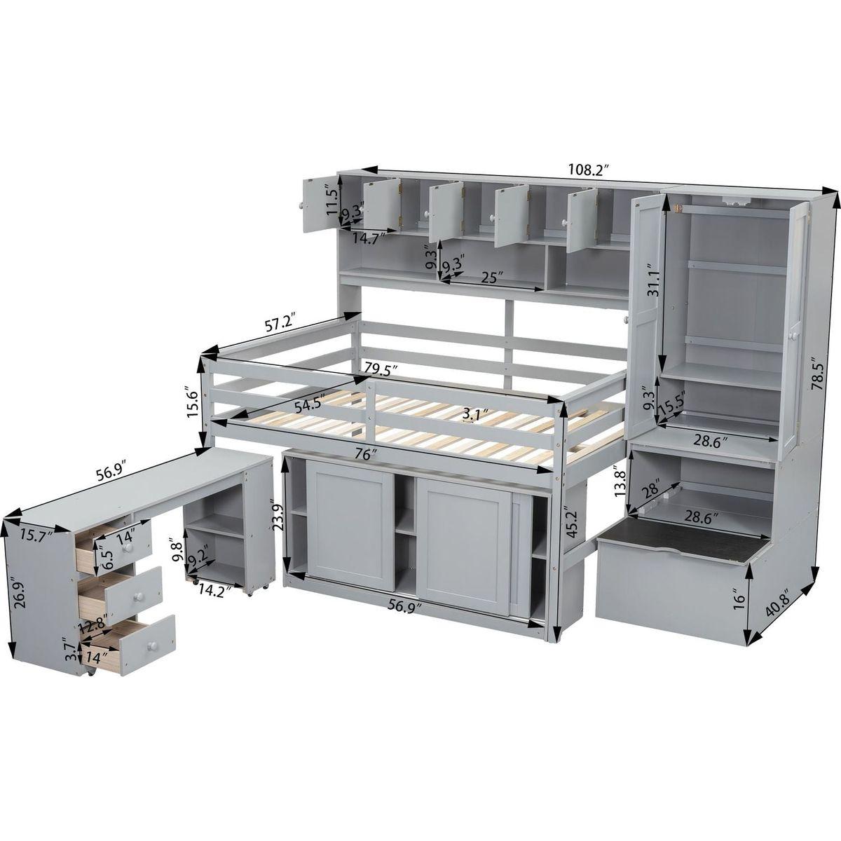 Full Size Wooden Loft Bed Big Storage with Under-bed Desk, with Drawers, with Shelves, Gray