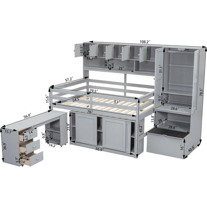 Full Size Wooden Loft Bed Big Storage with Under-bed Desk, with Drawers, with Shelves, Gray