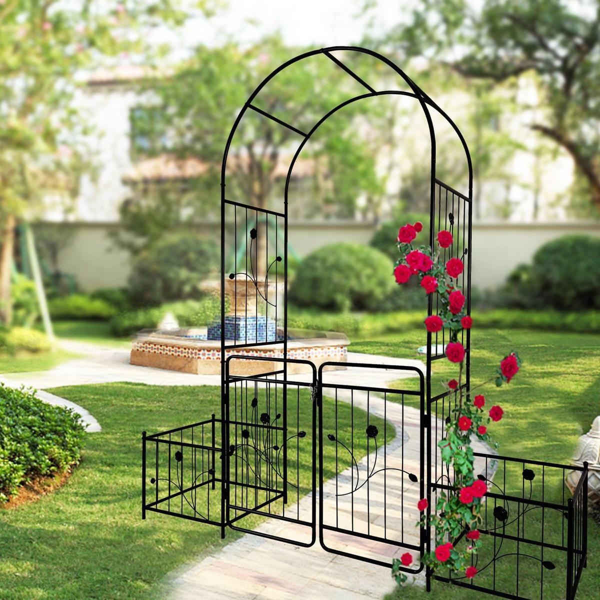 Metal Garden Arch with Gate 79.5" Wide x 86.6" High Climbing Plants Support Rose Arch Outdoor Black
