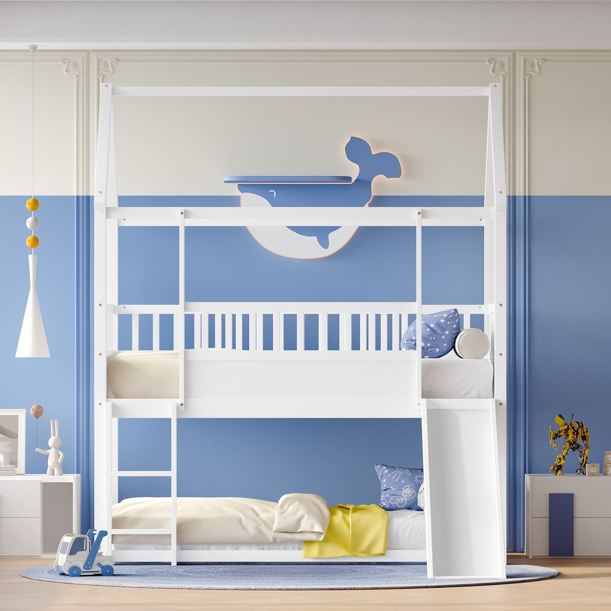 House Bunk Bed with Convertible Slide and Ladder, Floor Bunk Bed Twin Over Twin with Safety Guardrail