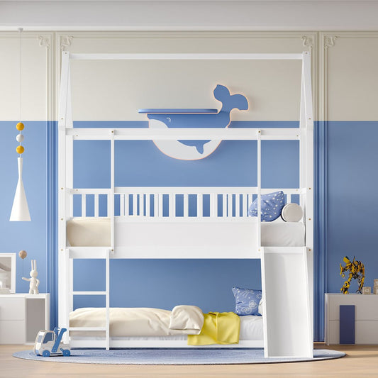 House Bunk Bed with Convertible Slide and Ladder, Floor Bunk Bed Twin Over Twin with Safety Guardrail