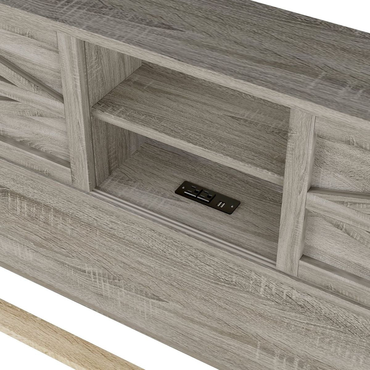 Farmhouse Platform Bed with Double Sliding Barn Door, Full Size Rustic Wood Bed with Charging Station, Wood Slats Support, Antique Gray