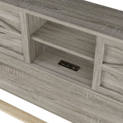 Farmhouse Platform Bed with Double Sliding Barn Door, Full Size Rustic Wood Bed with Charging Station, Wood Slats Support, Antique Gray