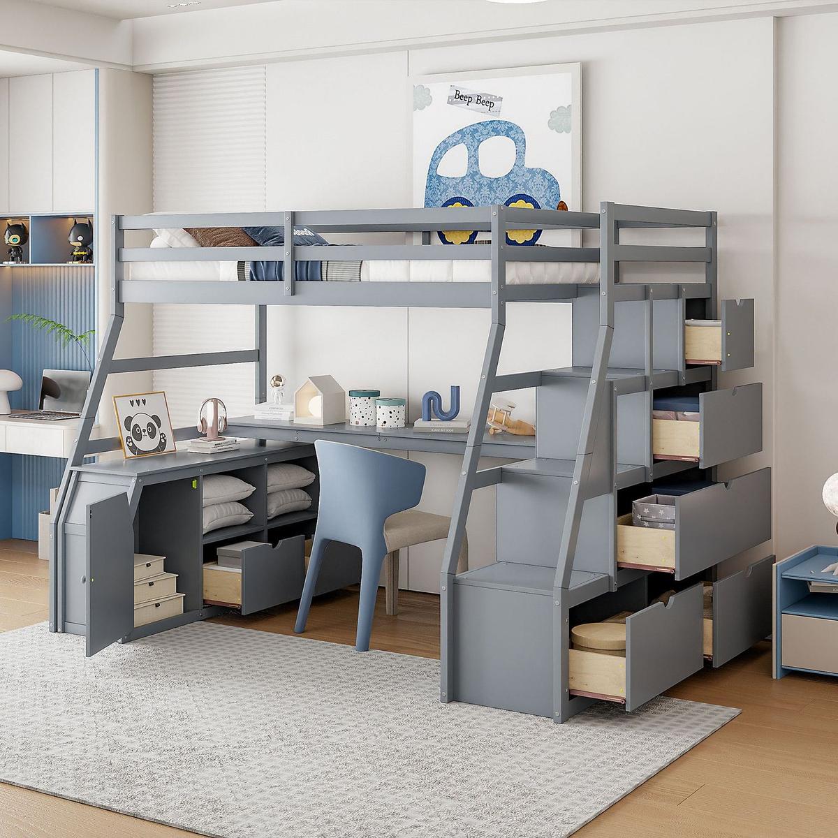Full Size Loft Bed with 7 Drawers 2 Shelves and Desk - Gray