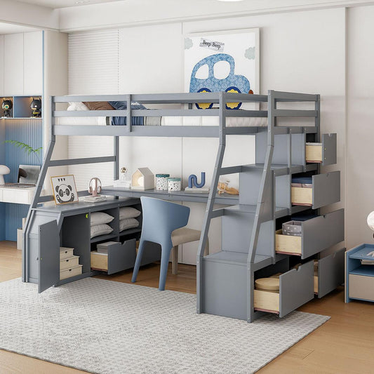 Full Size Loft Bed with 7 Drawers 2 Shelves and Desk - Gray