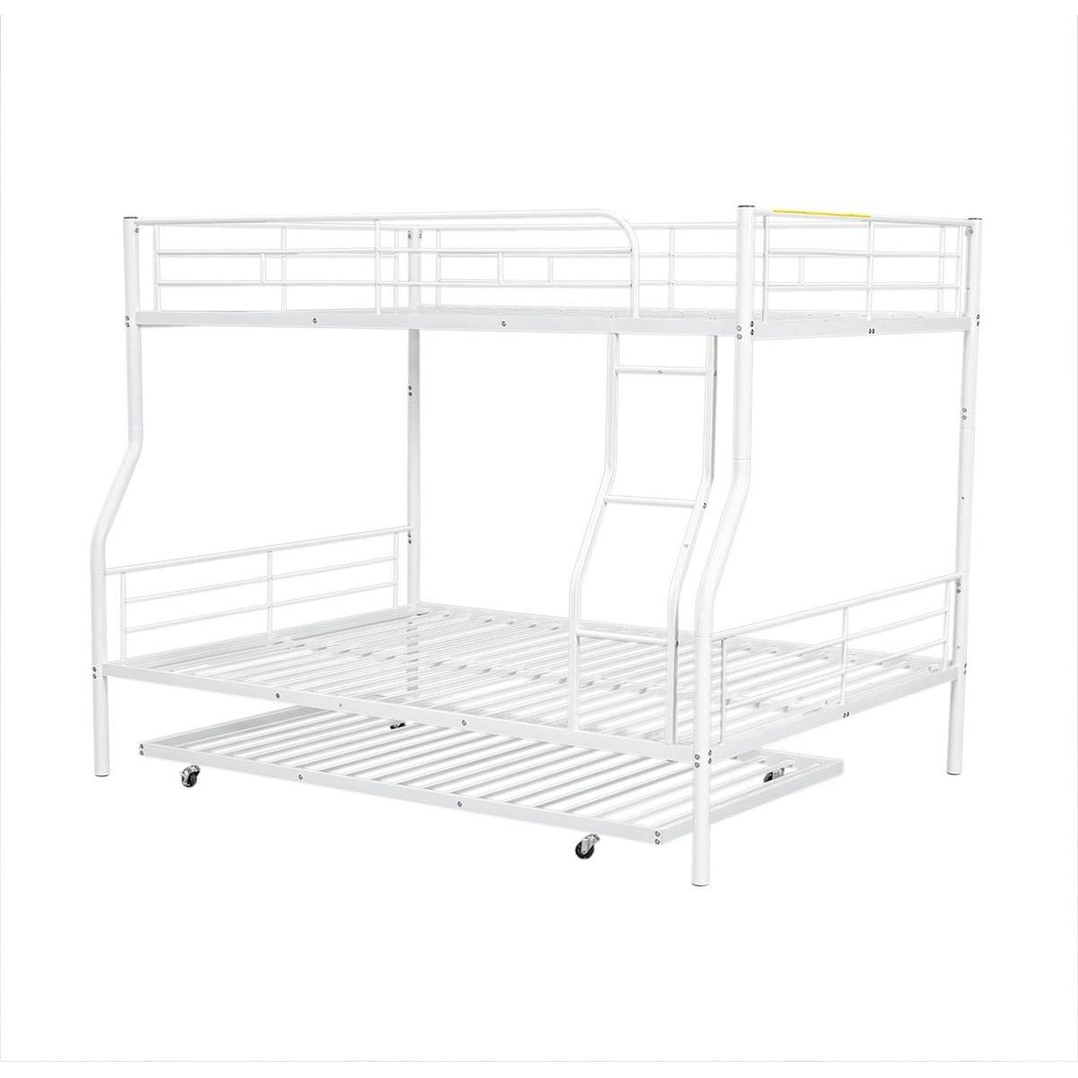 Full XL Over Queen Metal Bunk Bed with Trundle, White
