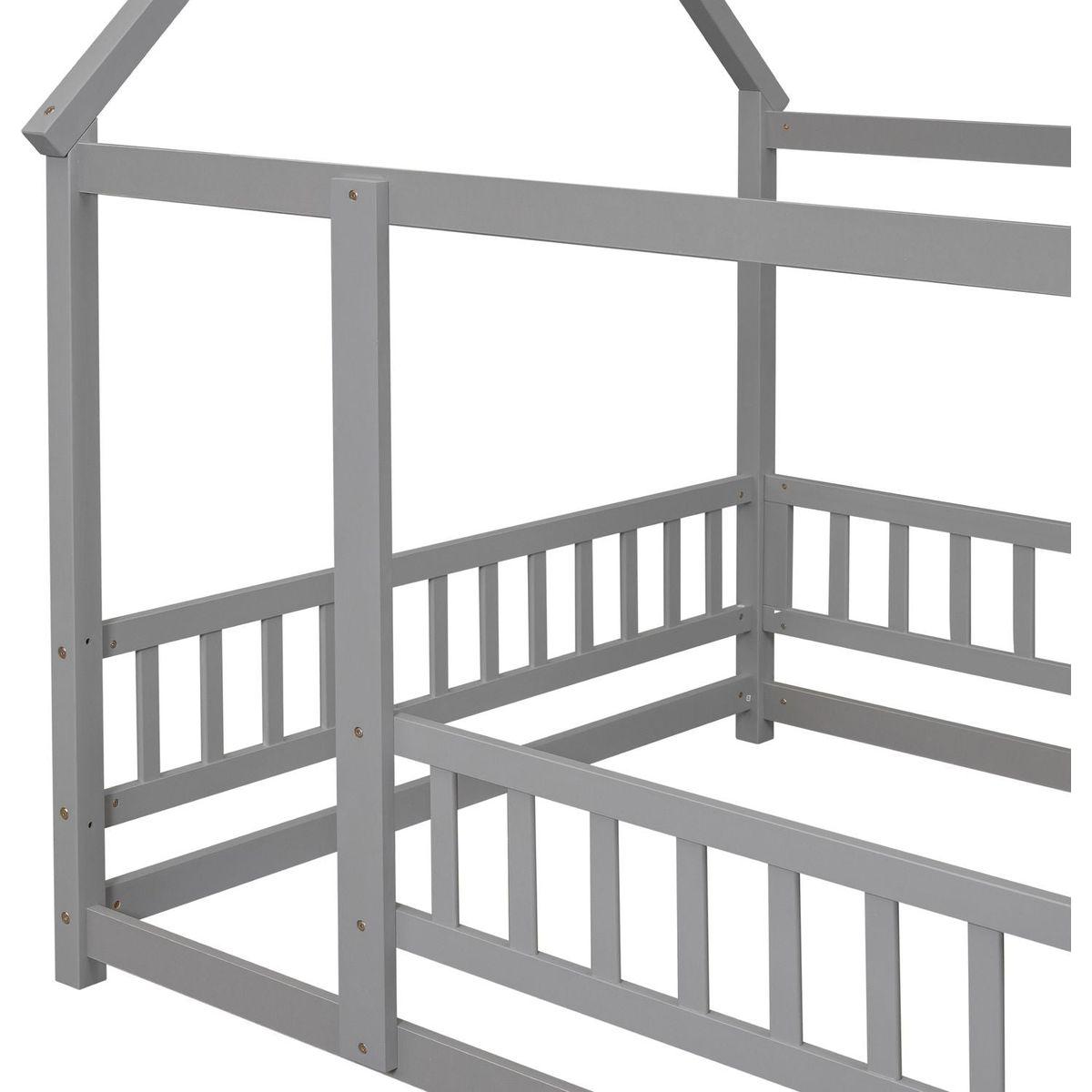 Full Size Floor Wooden Bed with House Roof Frame, Fence Guardrails, Grey