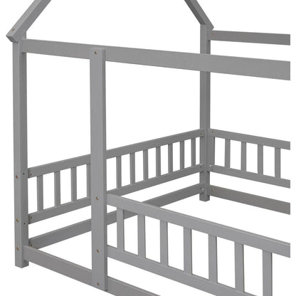 Full Size Floor Wooden Bed with House Roof Frame, Fence Guardrails, Grey