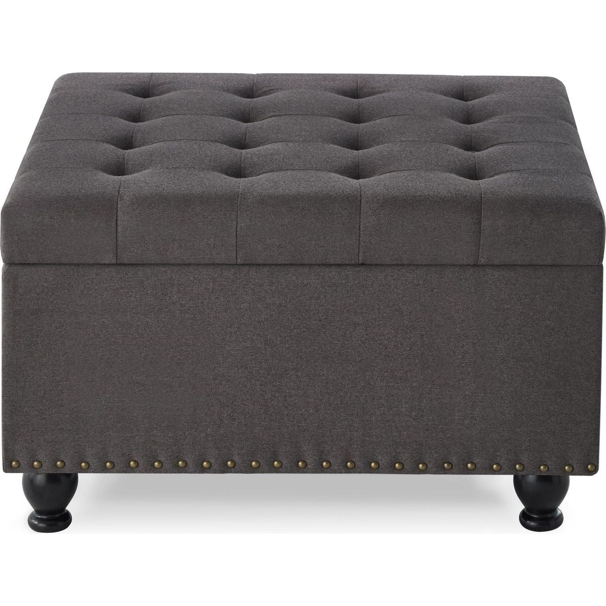 Large square storage ottoman with wooden legs, Upholstered button tufted coffee table with nail trims for Living Space,Dark Grey
