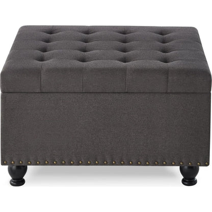 Large square storage ottoman with wooden legs, Upholstered button tufted coffee table with nail trims for Living Space,Dark Grey