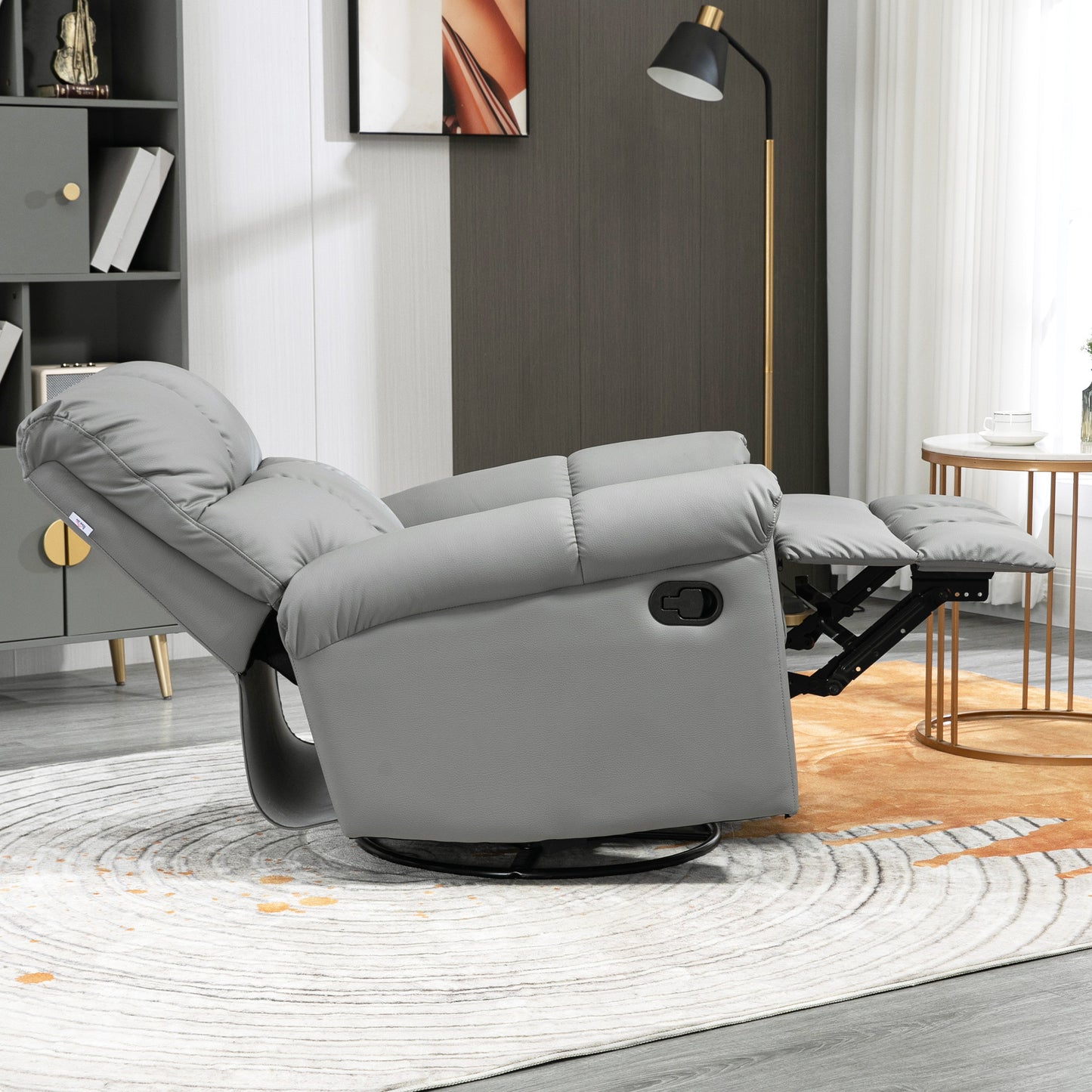 Rocker Recliner Chair with Overstuffed Back and Seat, Faux Leather Manual Reclining Chair with Footrest and 360 Swivel Rotation Base for Living Room, Gray