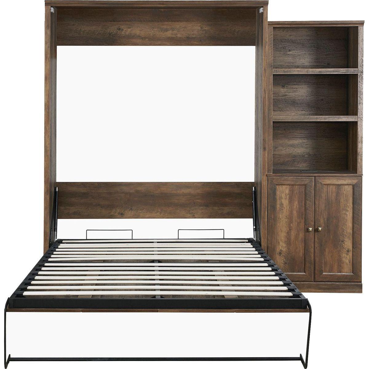 Queen Size Half Self-Close and Open Murphy Bed with 1 Side Cabinet Storage Shelf, Cabinet Space-Saving Bed Perfect for Guest Room, Bed Room, Guest Room, Home Office, Brown