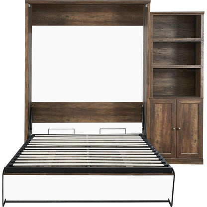 Queen Size Half Self-Close and Open Murphy Bed with 1 Side Cabinet Storage Shelf, Cabinet Space-Saving Bed Perfect for Guest Room, Bed Room, Guest Room, Home Office, Brown