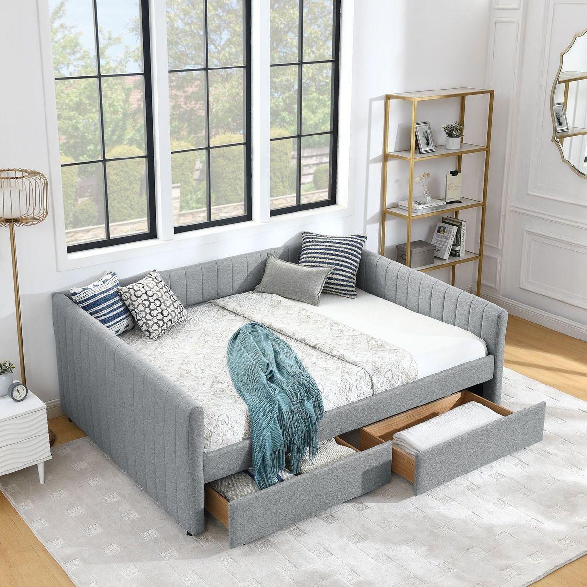 Queen Size Daybed with Two Drawers Trundle Upholstered Sofa Bed, with Vertical Stripes Linen Fabric, Grey (86.5"x65"x30")