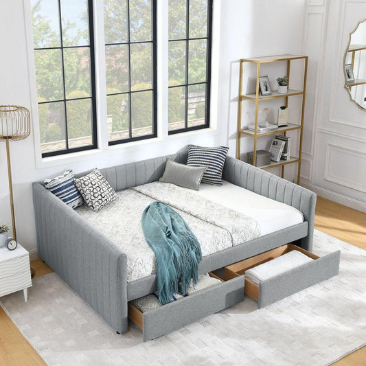 Queen Size Daybed with Two Drawers Trundle Upholstered Sofa Bed, with Vertical Stripes Linen Fabric, Grey (86.5"x65"x30")