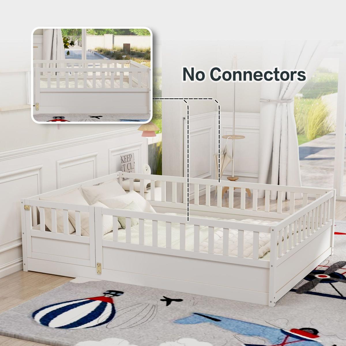 Full size Floor bed, integral construction with super high security barrier, door, children's floor bed frame, Montessori wooden children's floor bed, Support slat white - Streamdale Furniture