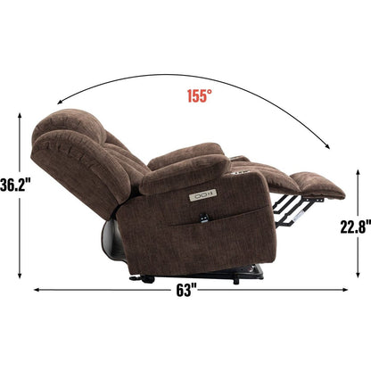 Up to 350 LBS Chenille Power Lift Recliner Chair, Heavy Duty Motion Mechanism with 8-Point Vibration Massage and Lumbar Heating, USB and Type-C Ports, Stainless Steel Cup Holders, Brown