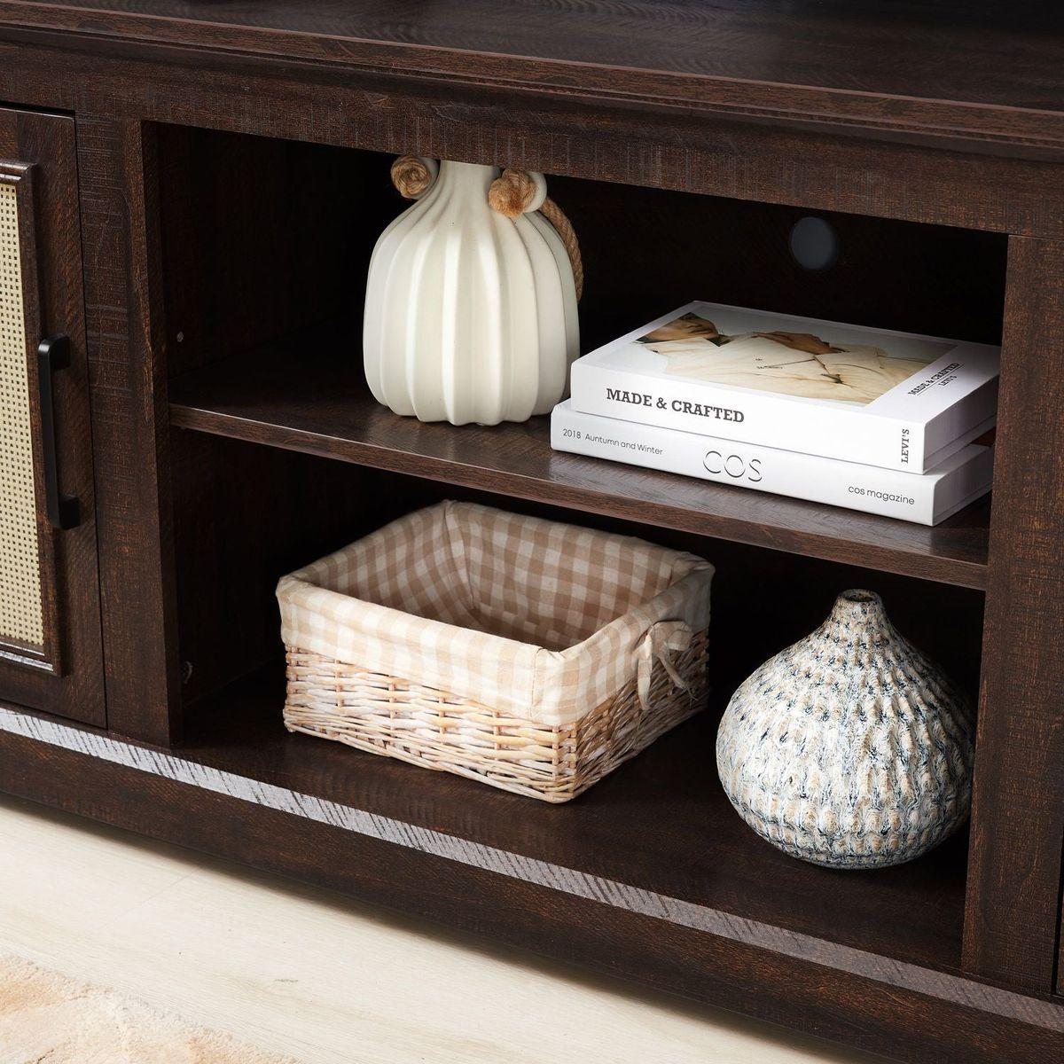 Farmhouse Rattan TV Stand Console Table for TVs up to 70 Inches, TV Console Table with 2 Storage Shelves, 2 Natural Rattan Door Cabinets, 65"Wx15.55"Dx23.86"H, Espresso