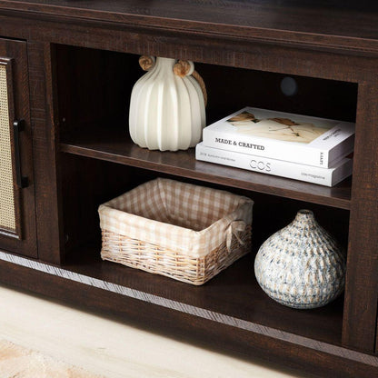 Farmhouse Rattan TV Stand Console Table for TVs up to 70 Inches, TV Console Table with 2 Storage Shelves, 2 Natural Rattan Door Cabinets, 65"Wx15.55"Dx23.86"H, Espresso