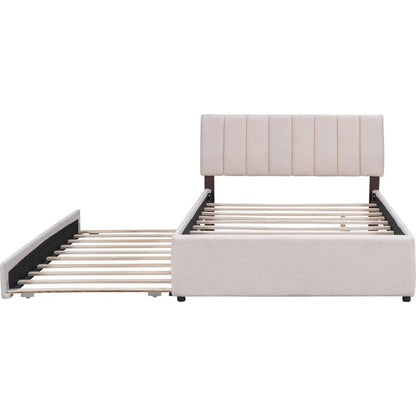 Teddy Fleece Full Size Upholstered Platform Bed with Trundle, Beige