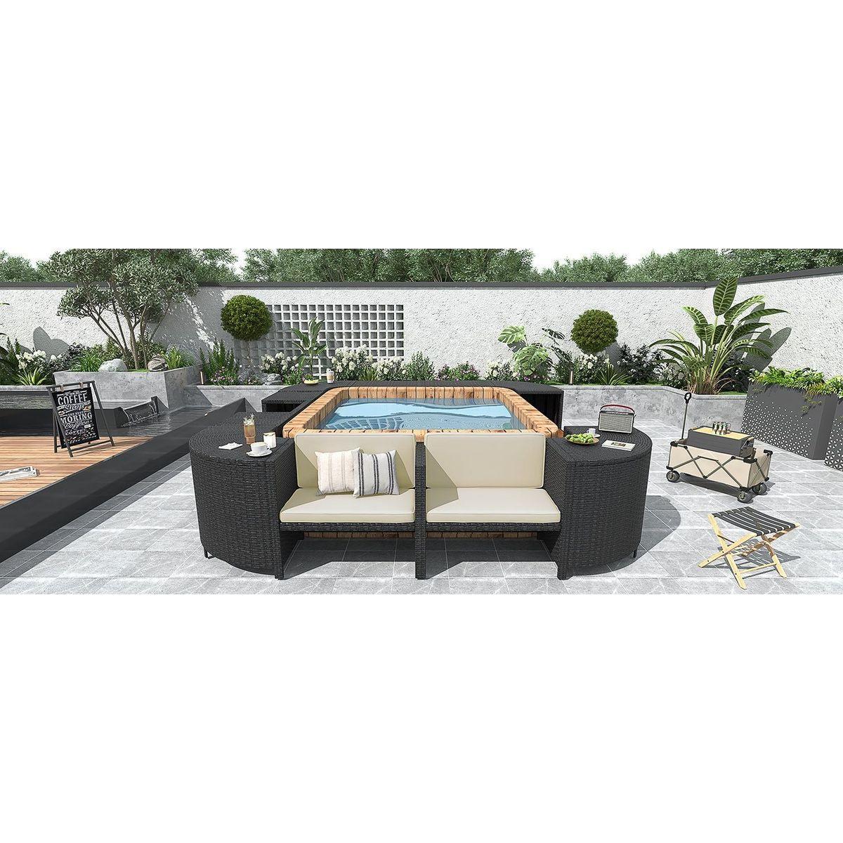 Spa Surround Spa Frame Quadrilateral Outdoor Rattan Sectional Sofa Set with Mini Sofa,Wooden Seats and Storage Spaces, Beige