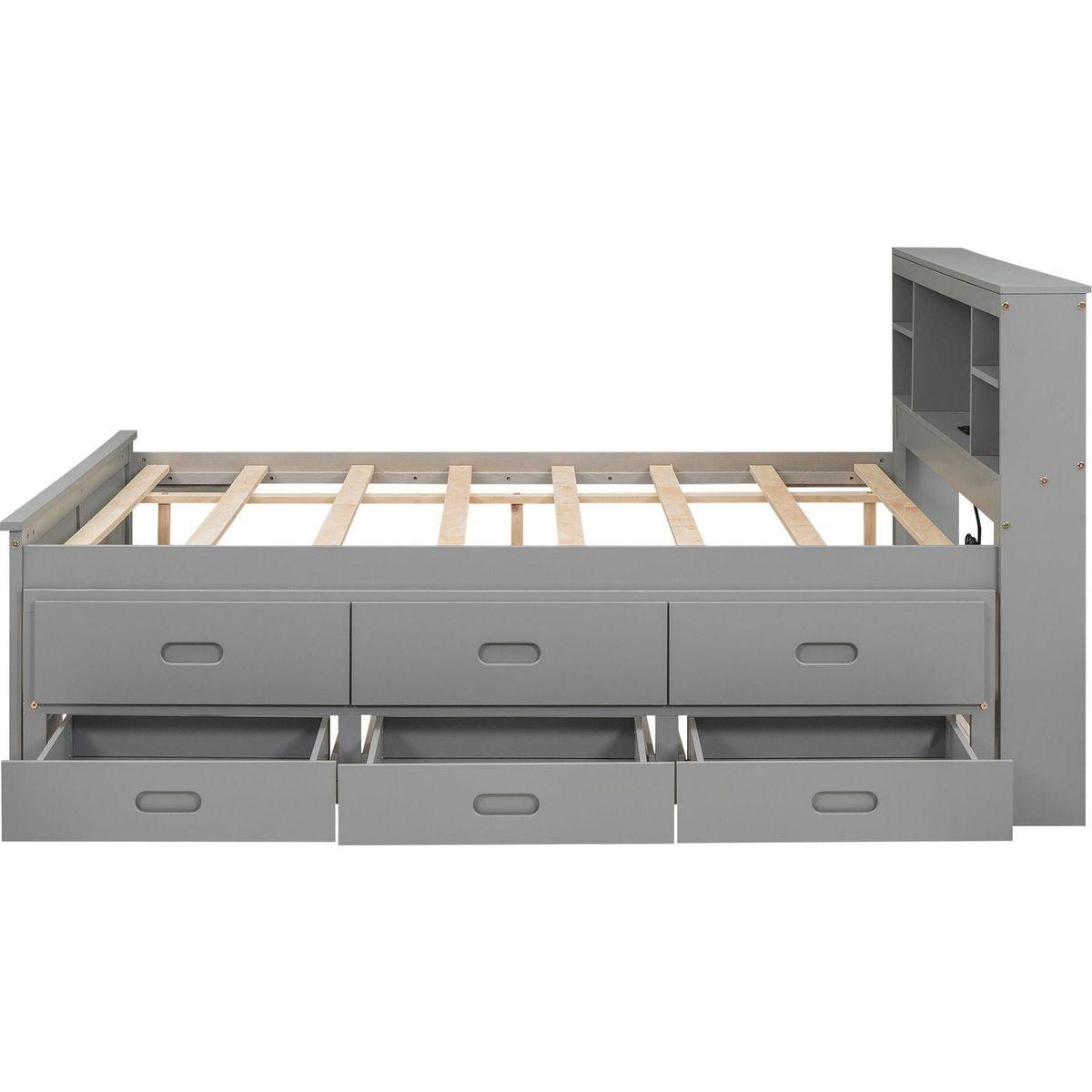 Full Size Platform Bed with Storage Headboard, USB, Twin Size Trundle and 3 Drawers, Gray