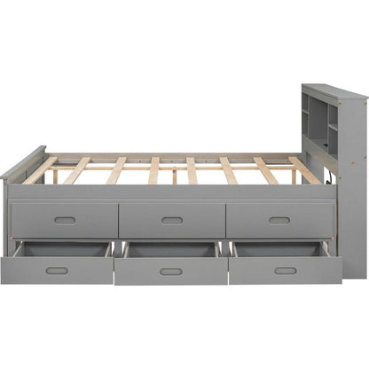 Full Size Platform Bed with Storage Headboard, USB, Twin Size Trundle and 3 Drawers, Gray