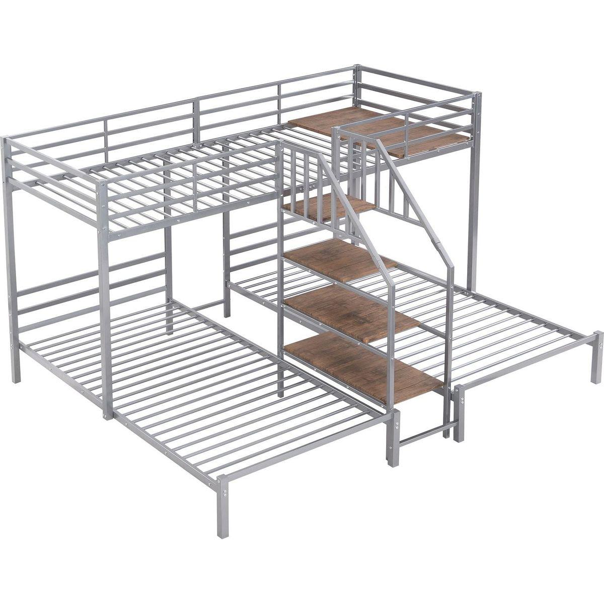 Metal Twin over Twin & Twin Bunk Bed, Triple Bunk Bed with Storage Shelves Staircase, Silver
