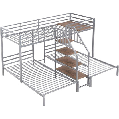 Metal Twin over Twin & Twin Bunk Bed, Triple Bunk Bed with Storage Shelves Staircase, Silver