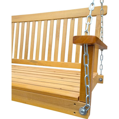 Front Porch Swing with Armrests, Wood Bench Swing with Hanging Chains,for Outdoor Patio, Garden Yard, porch, backyard, or sunroom,Easy to Assemble,teak