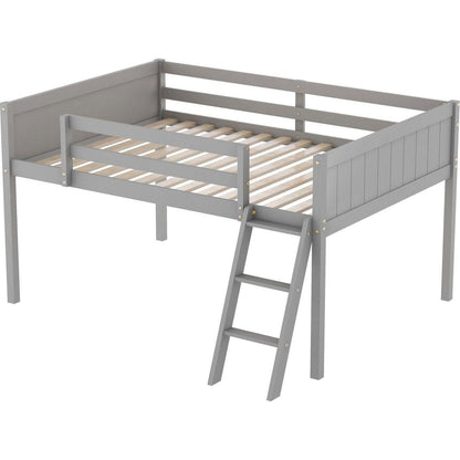 Full Size Wood Low Loft Bed with Ladder, ladder can be placed on the left or right, Gray