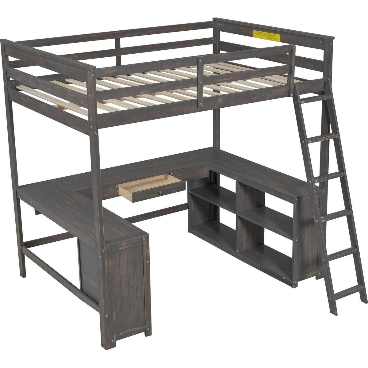 Full Size Loft Bed with U-shaped Desk, Drawers and Storage Shelves, Antique Brown