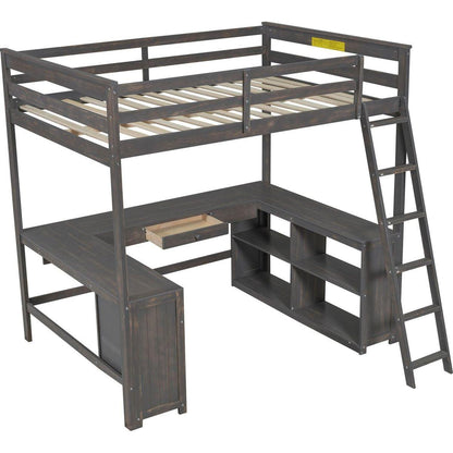 Full Size Loft Bed with U-shaped Desk, Drawers and Storage Shelves, Antique Brown