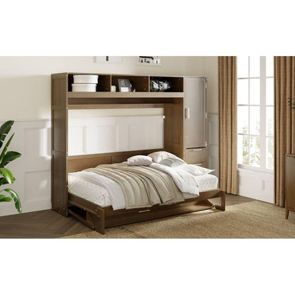 Full Size Murphy Bed with Wardrobe, Drawers and Open Shelves, Antique Grey