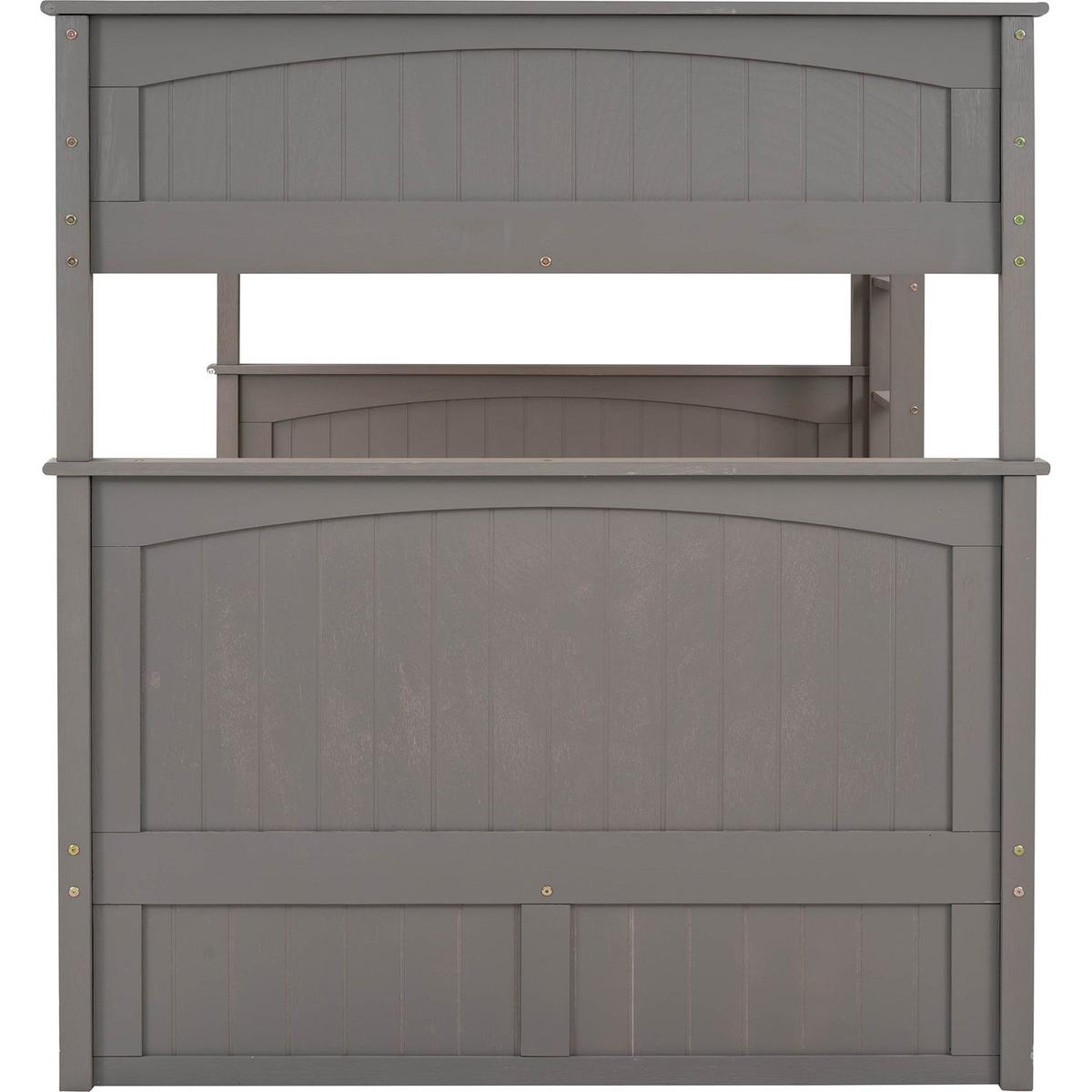 Full Over Full Bunk Bed with Twin Size Trundle, Pine Wood Bunk Bed with Guardrails, Brushed Gray