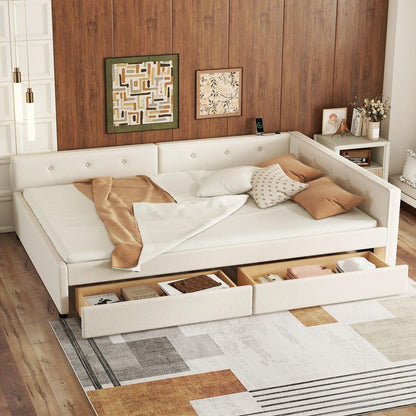 Full Size Upholstered Platform Bed with USB and 2 Drawers, Beige