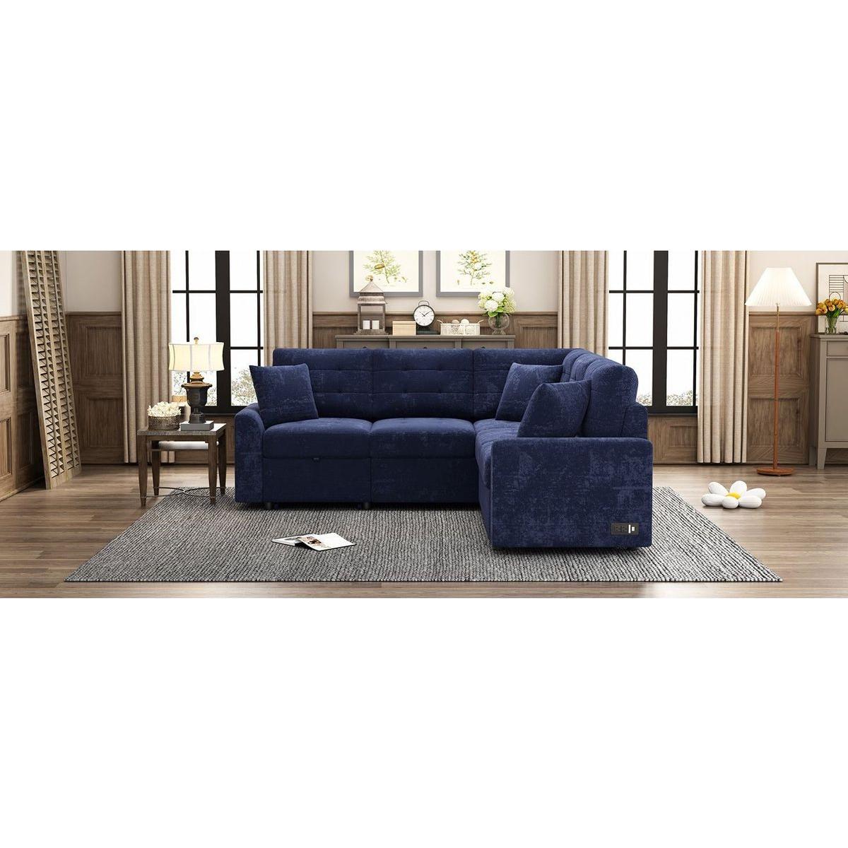 82.6" L-shape Sofa Bed Pull-out Sleeper Sofa with Wheels, USB Ports, Power Sockets for Living Room, Navy Blue