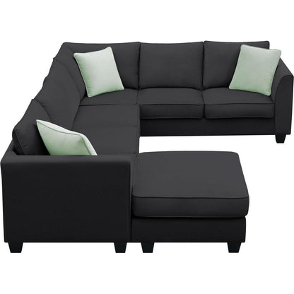 112x87" Sectional Sofa Couches Living Room Sets, 7 Seats Modular Sectional Sofa with Ottoman, L Shape Fabric Sofa Corner Couch Set with 3 Pillows, Black(New of GS008210AAB)