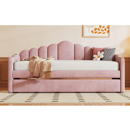 Twin size Upholstered Daybed with Trundle, Velvet Sofabed with USB Charging Ports,No Box-spring Needed,Pink