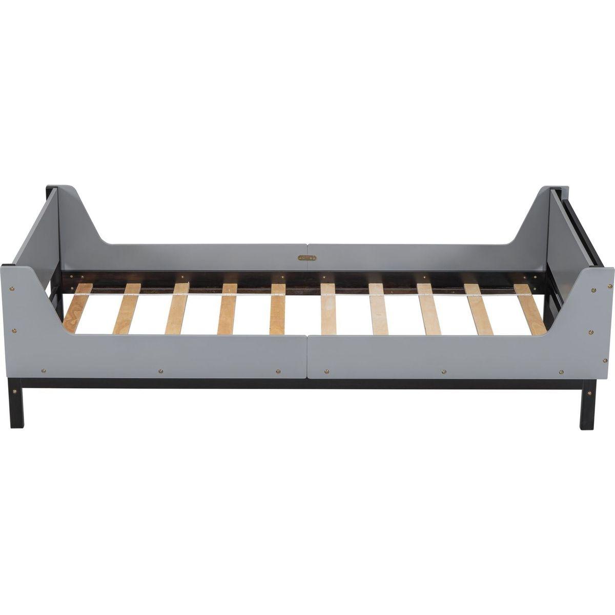 Twin Bed with Headboard, Footboard, Safeguards, Built-in Bed-end Book Storage Rack, Grey