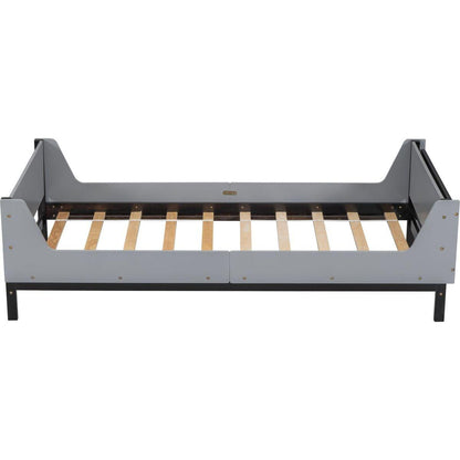 Twin Bed with Headboard, Footboard, Safeguards, Built-in Bed-end Book Storage Rack, Grey
