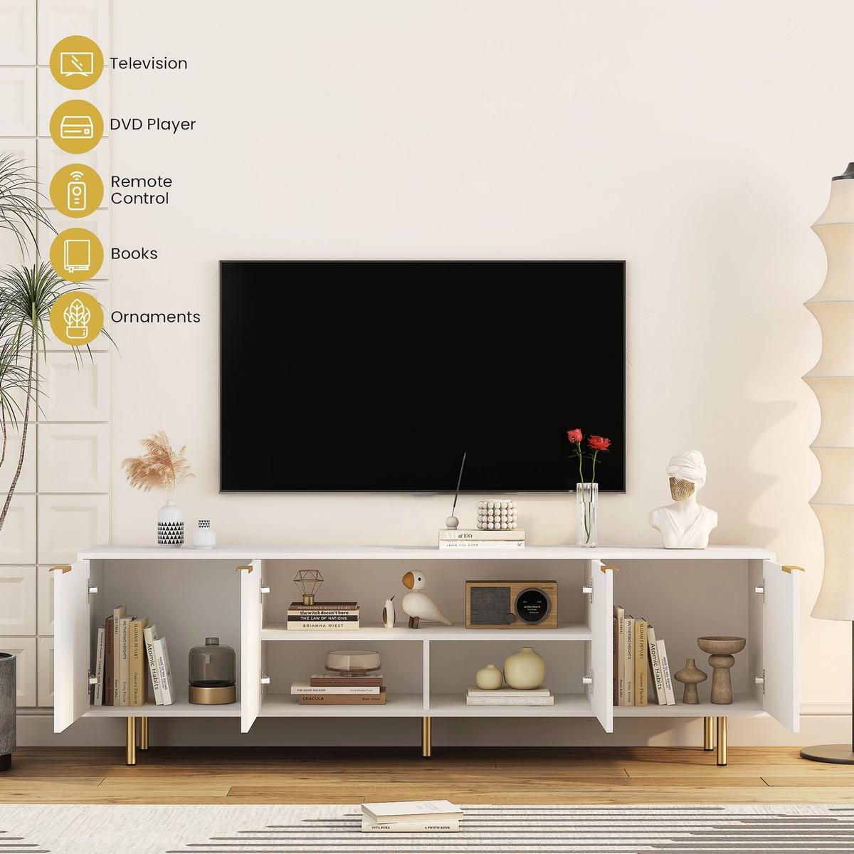 White Modern TV Stand Fluted 68" with Power Outlet, Entertainment Center with Storage Doors, TV Console Media Cabinet, for 55+ Inch TV, Living Room