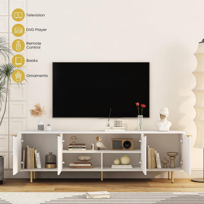 White Modern TV Stand Fluted 68" with Power Outlet, Entertainment Center with Storage Doors, TV Console Media Cabinet, for 55+ Inch TV, Living Room