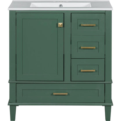 30" Bathroom Vanity in Green, Modern Bathroom Cabinet with Sink Combo Set, Bathroom Storage Cabinet with a Soft Closing Door and 3 Drawers, Solid Wood Frame