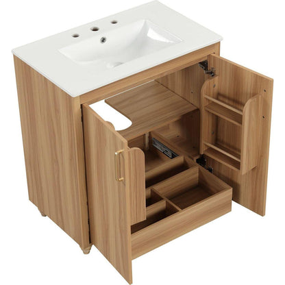 30" Bathroom Vanity with Sink Combo, Multi-functional Bathroom Cabinet with Doors and Drawer, MDF Board, Natural